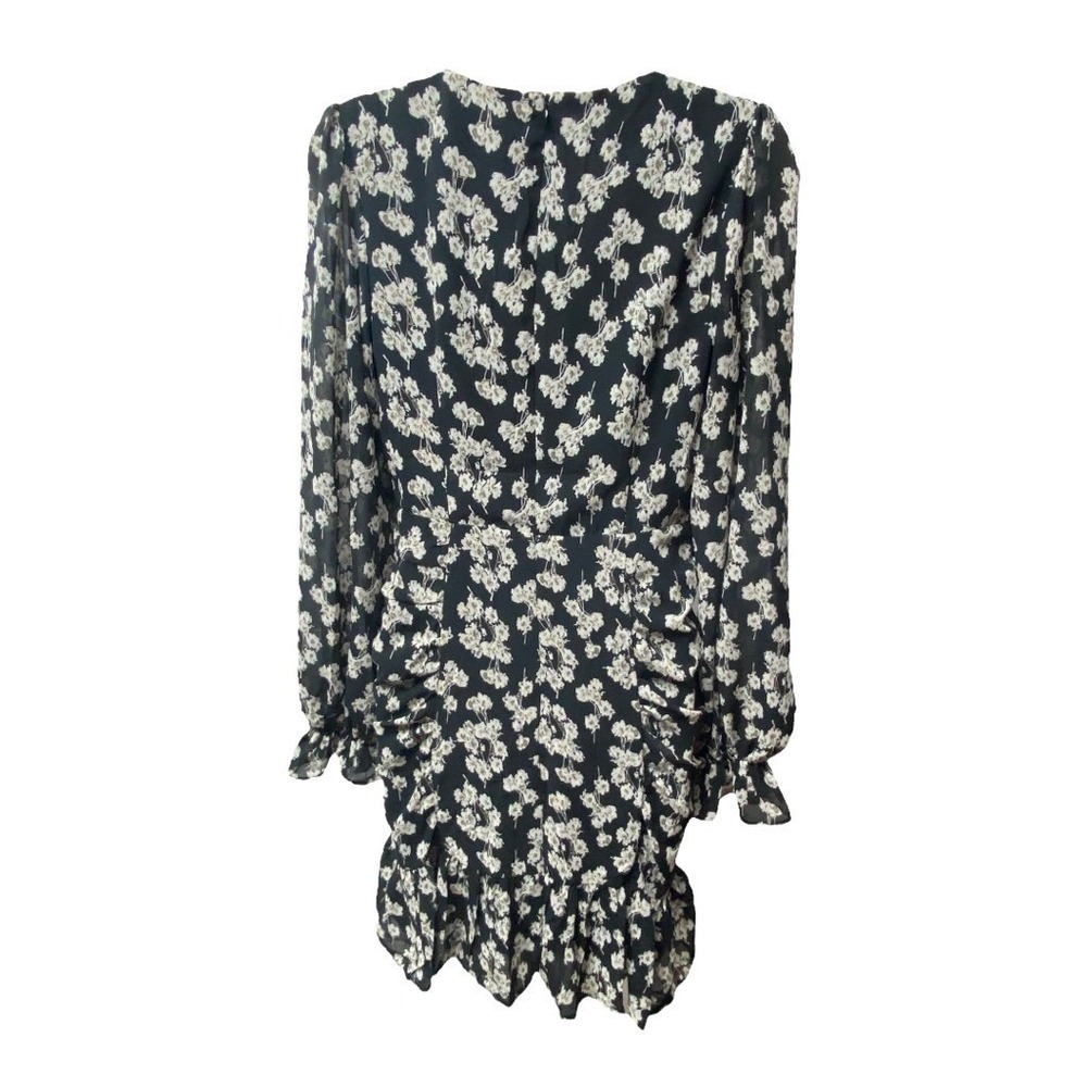 She + Sky Dress M Black Cream Floral Sheath V Neck Ruched Ruffle Lined - Picture 3 of 9